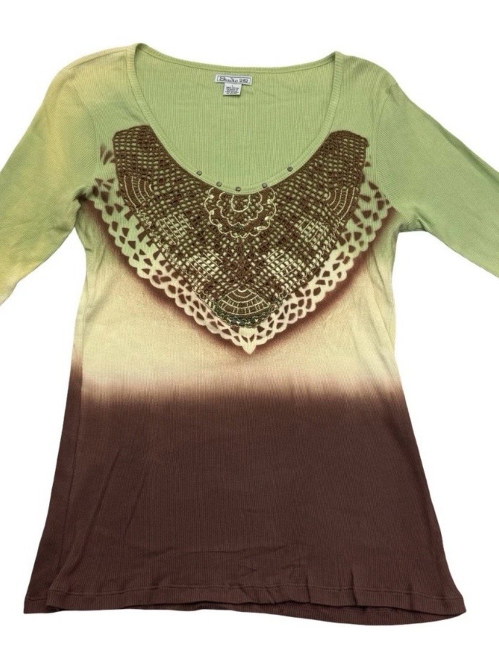 Green-to-Brown Ombre Long Sleeve  Top with Embroidered Bib
